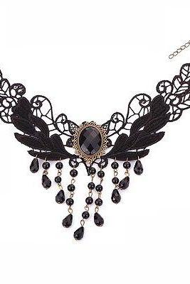 Lolita Gem Beads Chain Tassel Black Lace Leaf Pendant Collar Necklace