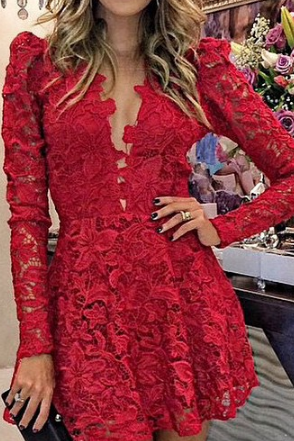 Sexy Red Lace V-neck Long-sleeved Dress Vc30715mn