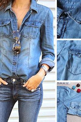 Retro Vintage Women Long Sleeve Casual Blue Jean Denim Shirt Tops Blouse Jacket
