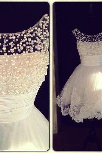 Real Work New Homecoming Dresses, Fashion Style Scooped Neckline A Line Beaded Pearls Lace Short Prom Dresses, Elegant Evening Party Gowns, Short Lace Homecoming Dresses