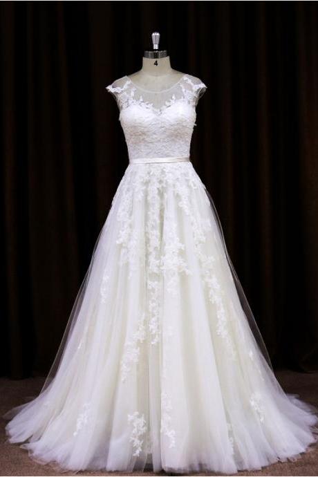 2015 Tulle A Line Cap Sleeves Wedding Dress With Sheer Back