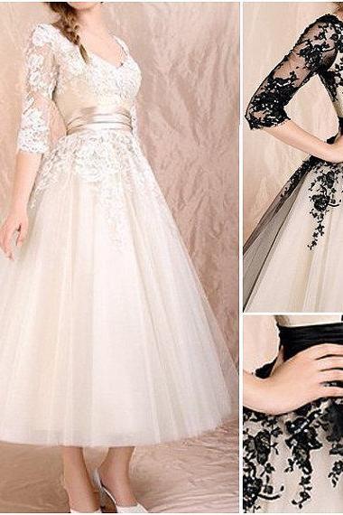 High quality black lace 3/4 sleeves tea length wedding dress,champagne lace appliques bodice puls size custom made short bridal wedding gowns,bridal wedding gown