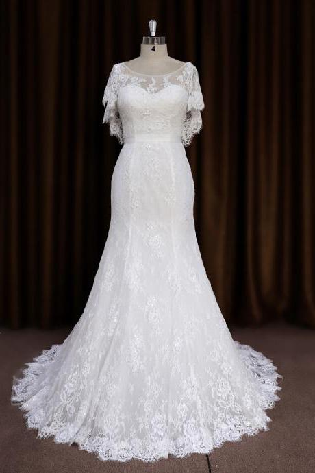 2015 Fairy Lace Fit And Flare Cap Sleeves Wedding Dress With V Back