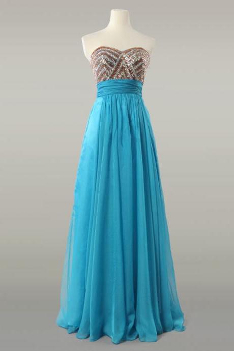 Teal Chiffon Strapless Prom Dress With Gold Sequined Bodice