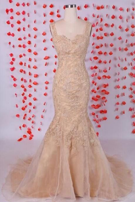 Champagne Sweetheart Mermaid Wedding Dress With Lace Appliques