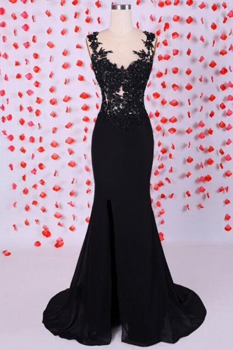 2015 Black Chiffon Mermaid Evening Gown With Lace Appliques Bodice