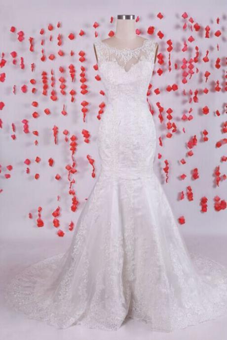 Designer Bateau Lace Mermaid Wedding Dress With V Back