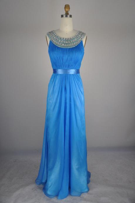 Elegant Blue Long Chiffon Beadings Prom Dresses 2015, Prom Dresses 2015, Prom Gown, Custom-made Prom Dress, Evening Gown