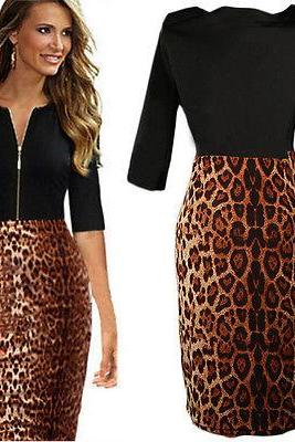 Sexy Women Zipper Leopard Print Bodycon Evening Party Clubwear Skirt Midi Dress