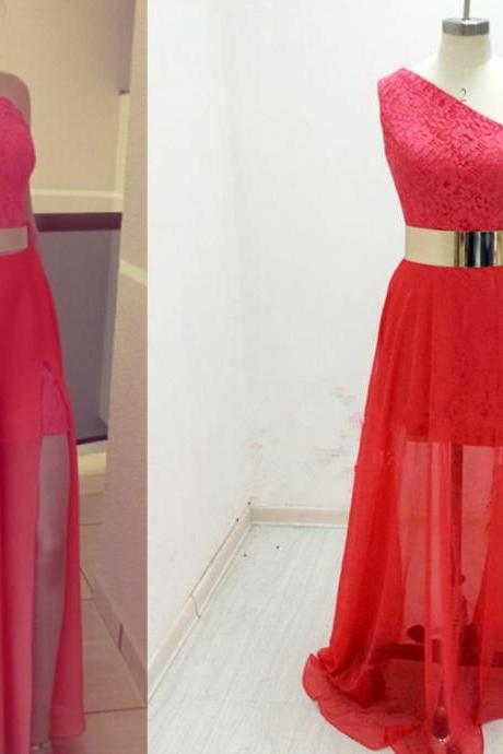 Pretty Watermelon One Shoulder Chiffon Prom Dress With Lace And Belt, Prom Dresses 2015, Formal Dresses, Evening Dresses