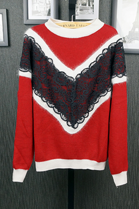 Fashion Lace Stitching Round Neck Sweater Gu31108hk