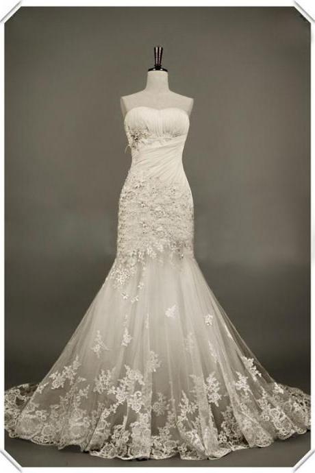 2014 Strapless Pleated Mermaid Wedding Dress With Lace Appliques Tulle Skirt