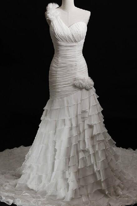 2014 Chiffon One Strap Pleated Mermaid Wedding Dress With Tiered Skirt