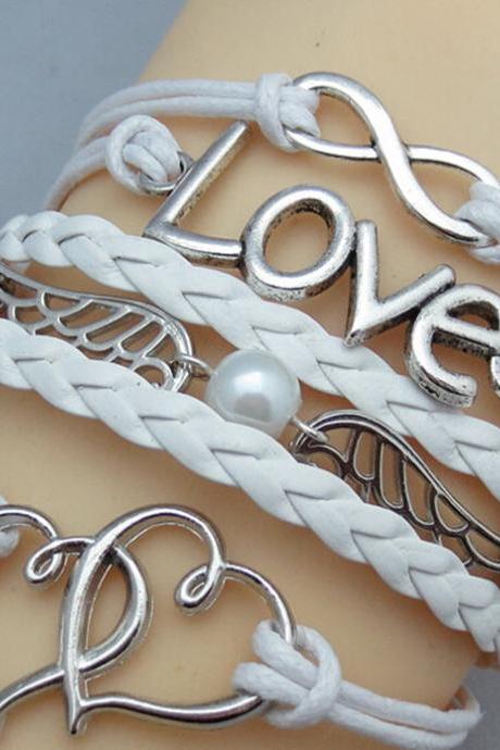 Jewelry Leather Cute Infinity Love Heart Wings Charms Bracelet