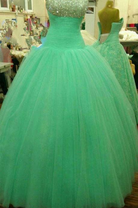 Pretty Mint Tulle Ball Gown Long Prom Gown 2015, Prom Gown 2015, Formal Gown, Handmade Formal Dresses