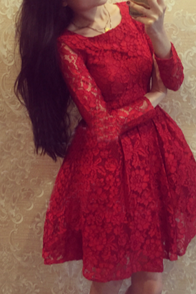 Slim round neck long-sleeved lace dress VC31209MN