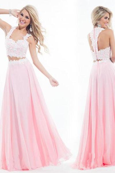 Pink Lace Appliques Two Piece Prom Dresses 2015 Dress To Party Dresses Vestido De Festa Abendkleider Lf1675