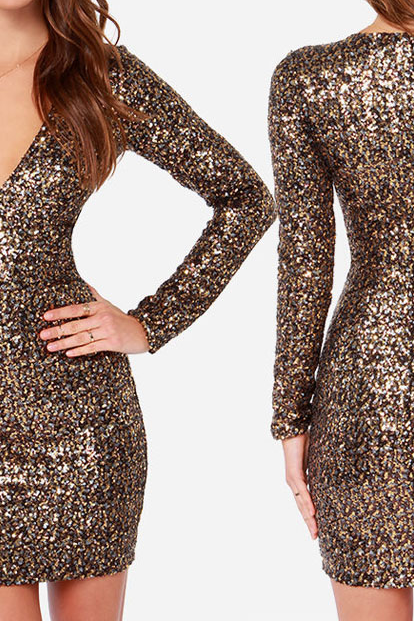 Slim V-neck Sequined Embroidery Package Hip Dress #we31216po
