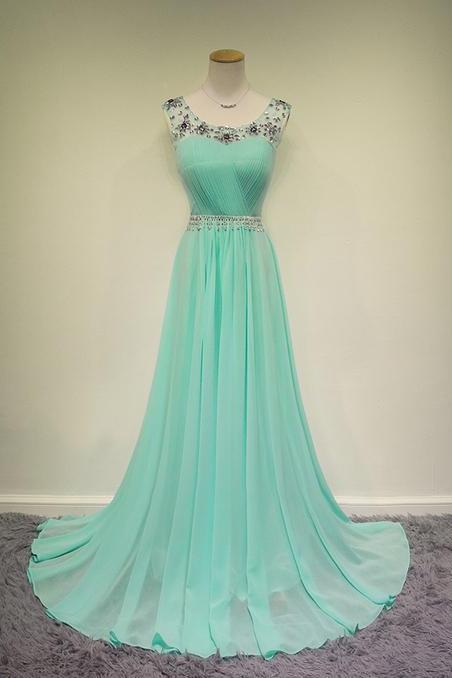Pretty Mint Chiffon Long Handmade Prom Dresses 2015 With Beadings, Mint Prom Dresses, Evening Dresses, Formal Dresses