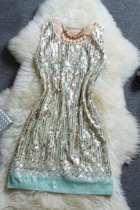Fashion Beaded Sequined Striped Vest Dress Ax31302ax