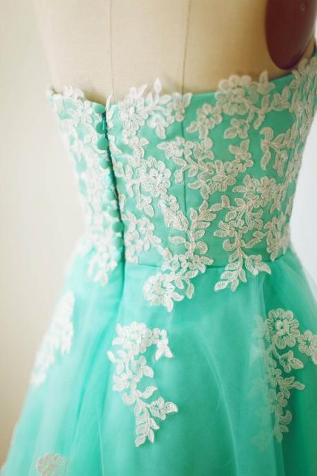 Pretty Handmade Turquoise Tulle Tea Length Prom Dress With White Applique, Turquoise Prom Dresses, Homecoming Dresses 2015, Graduation Dresses