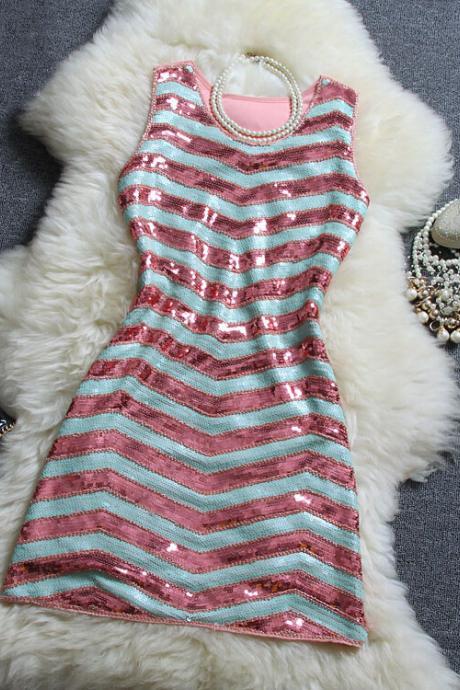 Sexy Sequined Embroidery Stripe Sleeveless Vest Dress Gf31312jh