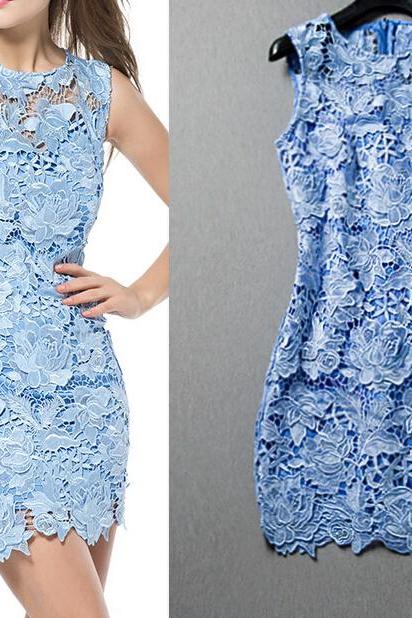 Slim Round Neck Lace Embroidered Sleeveless Dress Ax31316ax