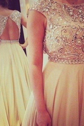 Modest 2015 Scoop Neck With Short Sleeves Long Prom Dresses Chiffon A Line Party Dresses Sweep Train Evening Dresses,Formal Dresses