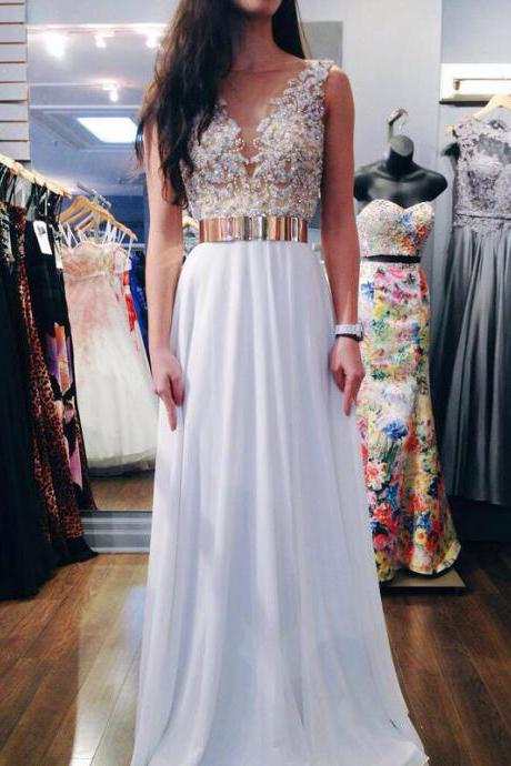 Gold Metal Belt Prom Dresses, Long Prom Dresses 2015,Sexy V See-through Party Dresses, Formal Dresses for Party, Dresses for Prom,Graduation Dresses,Pegeant Dresses,Evening Dress