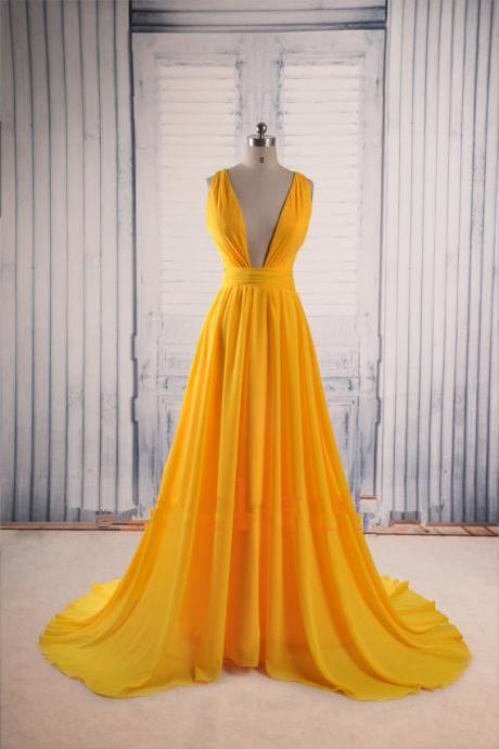 Yellow Chiffon Plunge V Sleeveless Floor Length Formal Dress Featuring Criss-cross Open Back, Prom Dress