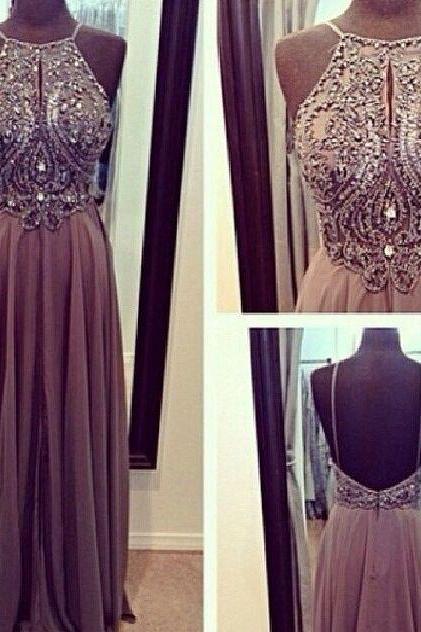 Custom Made A line Grey/Gray Backless Chiffon Prom Dresses, Backless Bridesmaid Dresses, Wedding Party Dresses, Backless Evening Dresses,Dress for Prom,Party Dresses,Prom