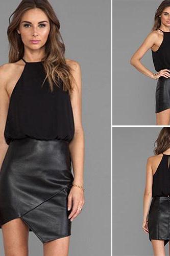 Fashion Pu Leather Spliced Off-shoulder Mock Two-piece Dress