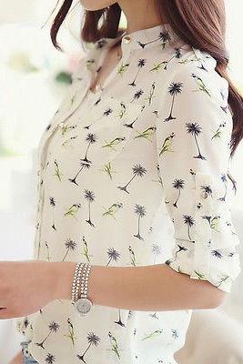 Summer Women Long Sleeve Bird Printed Chiffon Shirts Fashion Slim Blouses