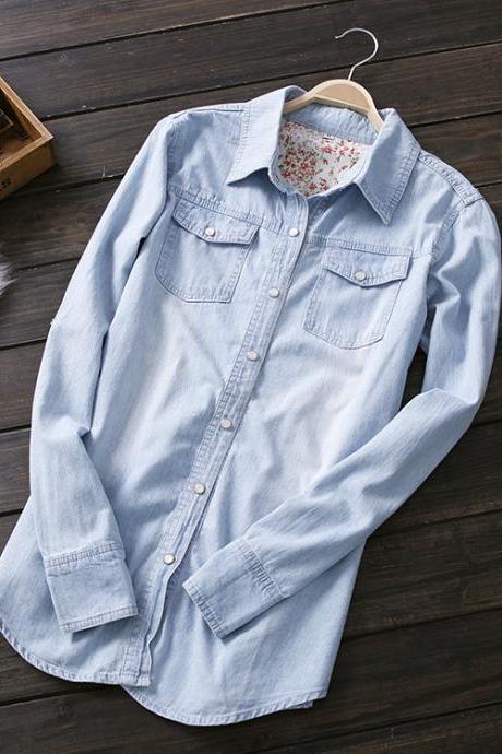 2015 Spring Summer Womens Denim Blouse Fashion Applique Blue Jean Shirts Size Xl