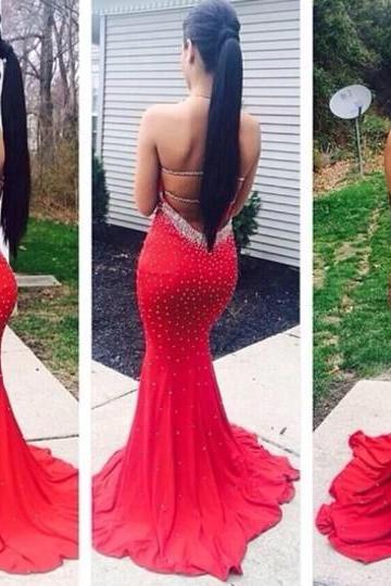 Custom Made Glitter Red Mermaid Prom Dresses with Open Back Keyhole Long Prom Dress Formal Dresses, Dresses for Prom