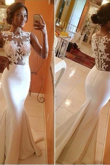 2015 Elegant Sexy White Prom Dresses, Formal Dresses, Wedding Dresses Satin Bridal & Events Gowns Vestidos De Noiva New Arrival Sheer Lace Mermaid Gown