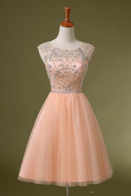 Lovely Short Pink Tulle Style Prom Dresses 2015 With Beadings, Short Prom Dresses 2015, Formal Gowns, Evening Dresses