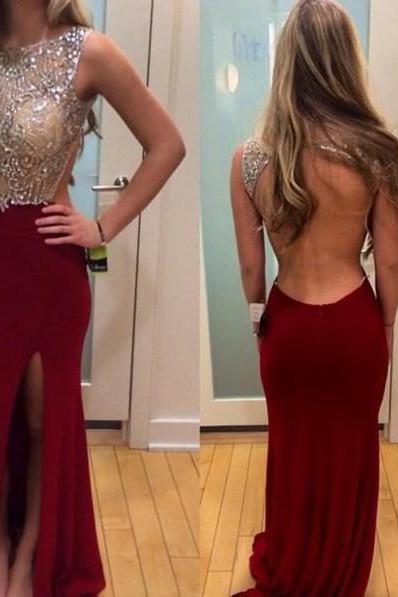 Sexy Slit Red Prom Dresses with Open Back, Long Prom Dress Formal Dresses, Dresses for Prom,Evening Gowns,Party Dresses
