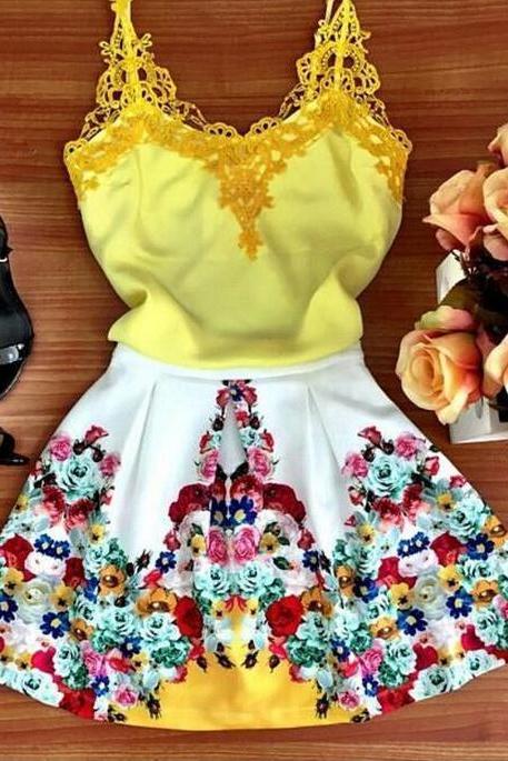 Lace Yellow Skirt Condole Belt Splicing Flower Petals In Europe And The Dress Sleeveless Skirt