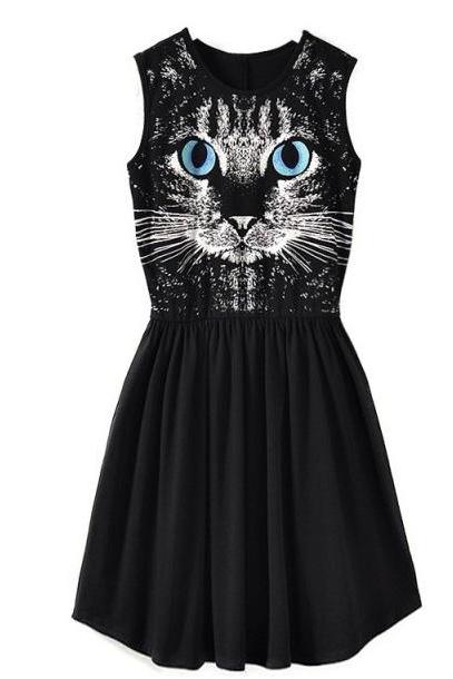 European Style Women&amp;amp;#039;s Blue Eyes Cat Print Sleeveless Cotton Vest Dress