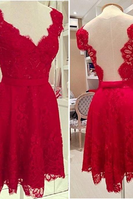 Women's Selling Sexy V- Neck Red Lace Dress Backless Dresses