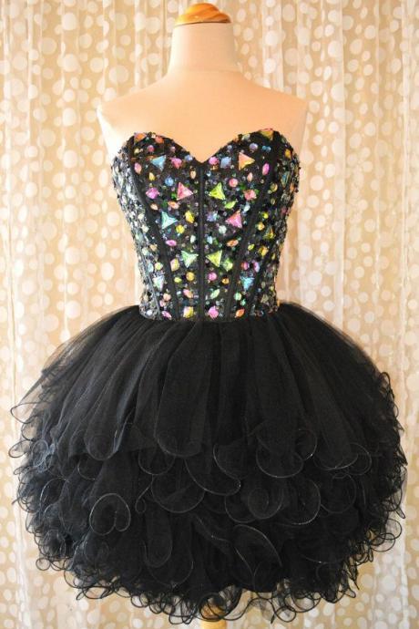 Custom Made Short Black Sweetheart Neck Prom Dresses, Short Black Homecoming Dresses