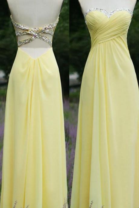 Pretty Simple Yellow Chiffon Cross Back Prom Dresses 2015, Simple Prom Dresses, Yellow Dresses 2015, Evening Dresses
