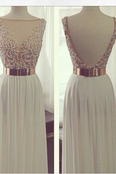Custom A Line Backless Long Prom Dresses, Backless Evening Dresses, Formal Dresses, Sexy See-through Prom Dresses, Prom Dress with Gold Metal Belt, Long Evening Dress, Weddings