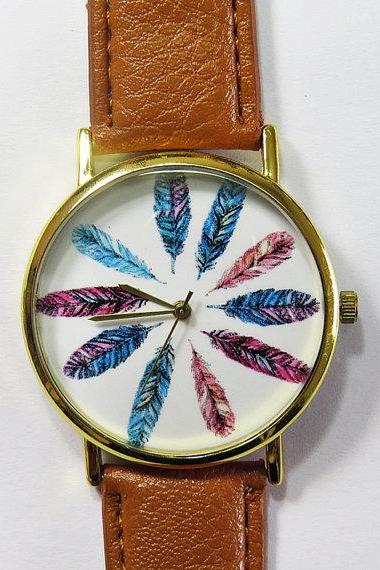 Colorful Feathers Watch, Vintage Style Leather Watch, Women Watches, Unisex Watch, Boyfriend Watch