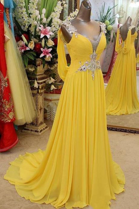 Pretty Yellow Delicate Beadings Sweetheart Prom Gown 2015, Yellow Prom Gowns 2015, Formal Dresses 2015, Party Dressses