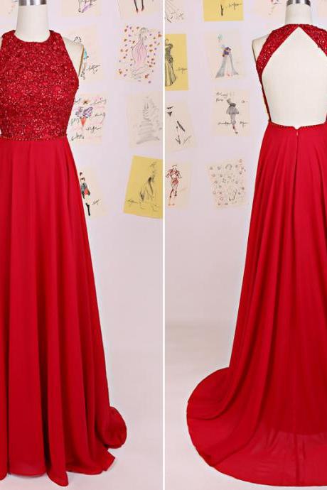 Red Chiffon Halter Open Back Prom Gown With Lace Appliques Bodice