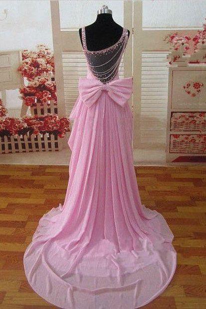 Pretty Lovely Pink Beadings Prom Dresses With Bow, Pink Prom Dresses, Prom Gowns, Evening Gowns