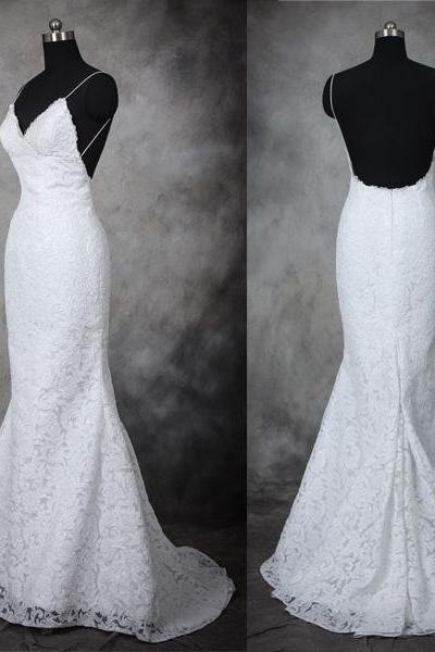 White High Quality Lace Open Back Spaghetti Straps Mermaid Wedding Dress,V Neck Trumpet Bridal Wedding Dresses,Custom Backless Bridal Wedding Gown