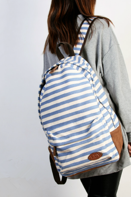 Stripes Printed Blue Canvas Backpack